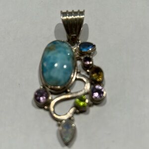 Larimar, citrine, amethyst, peridot, opal Sterling silver pendant.